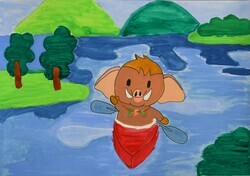 写真:「四万湖でのカヌー」の絵