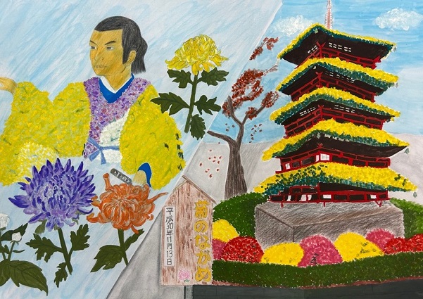 絵の写真：菊のながめ菊人形と五重の塔